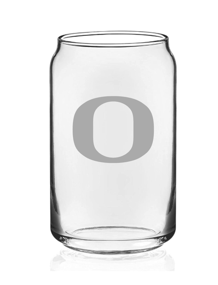 A clear glass can with the letter o on it.