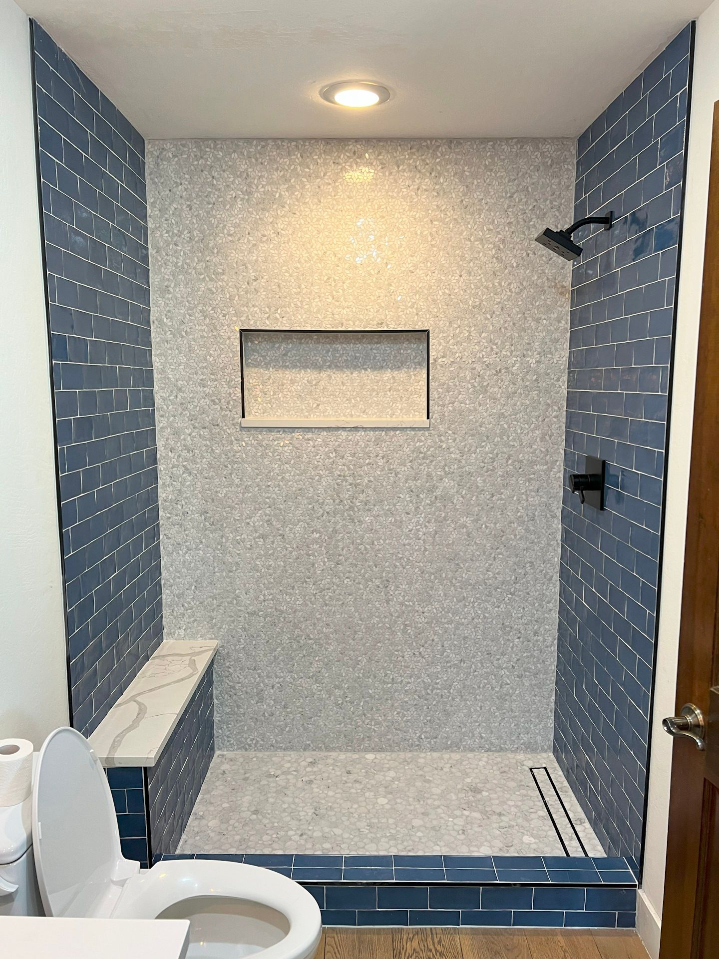 A bathroom with a walk in shower and a toilet.