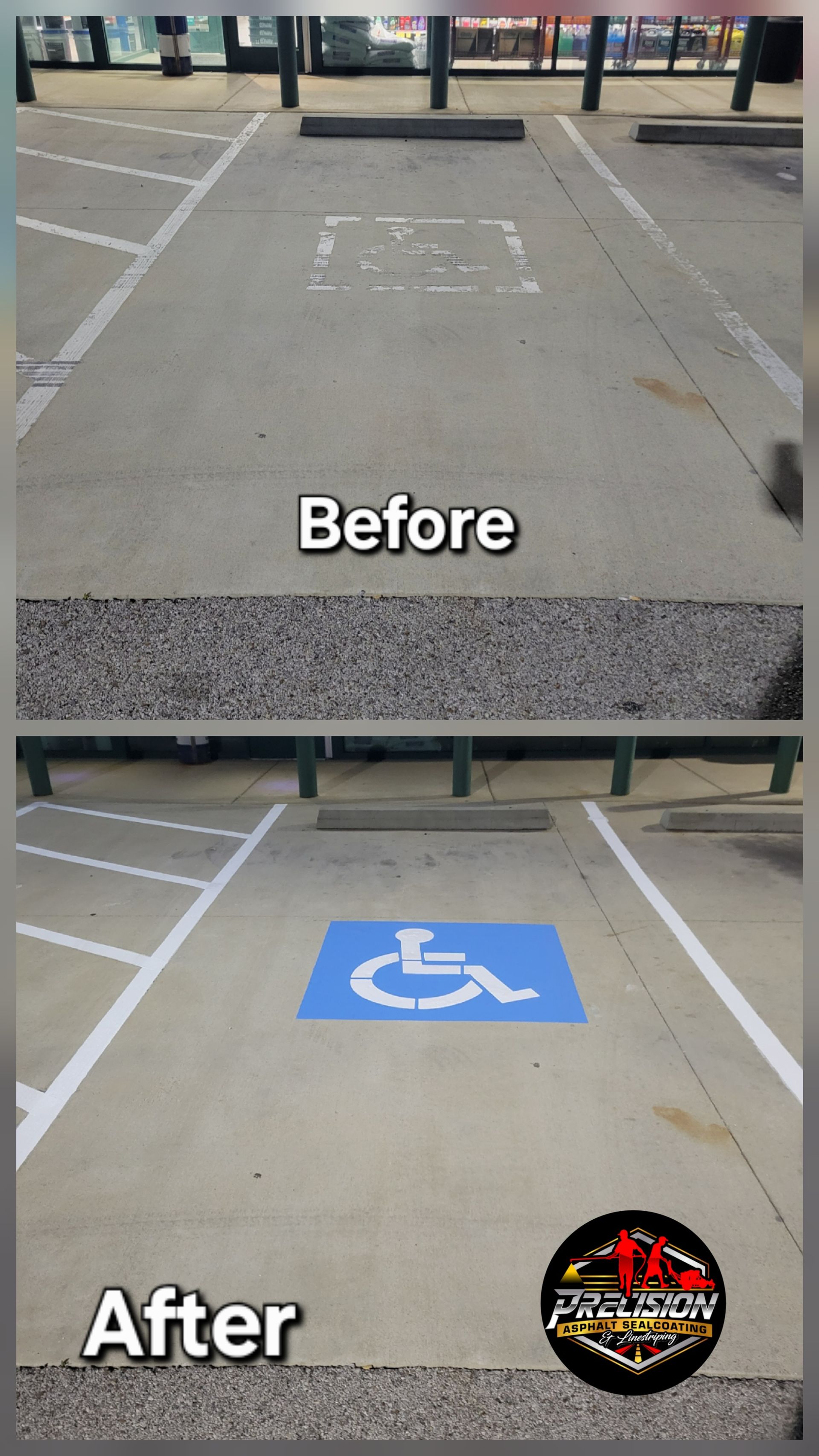 A before and after photo of a handicapped parking spot