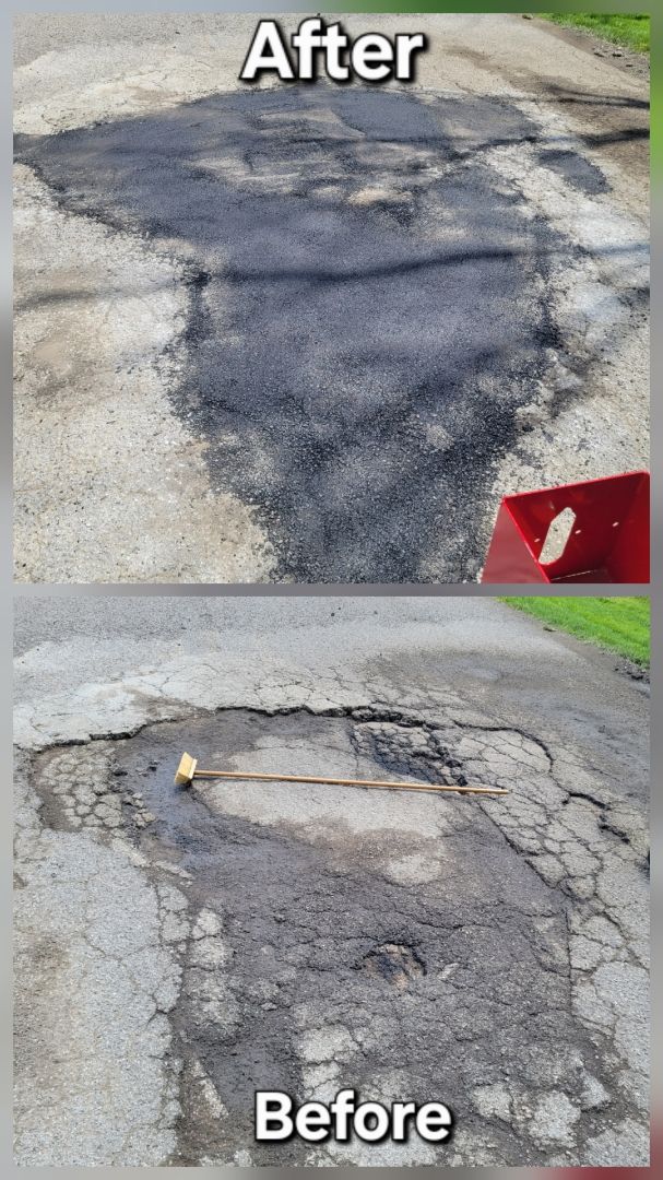 A before and after photo of a pothole on a road. A before and after photo of a pothole on a road.