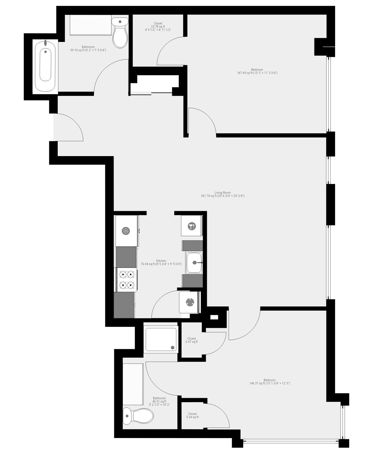 Floor plan of an apartment, showing rooms like a bathroom, kitchen, bedroom, and living area.
