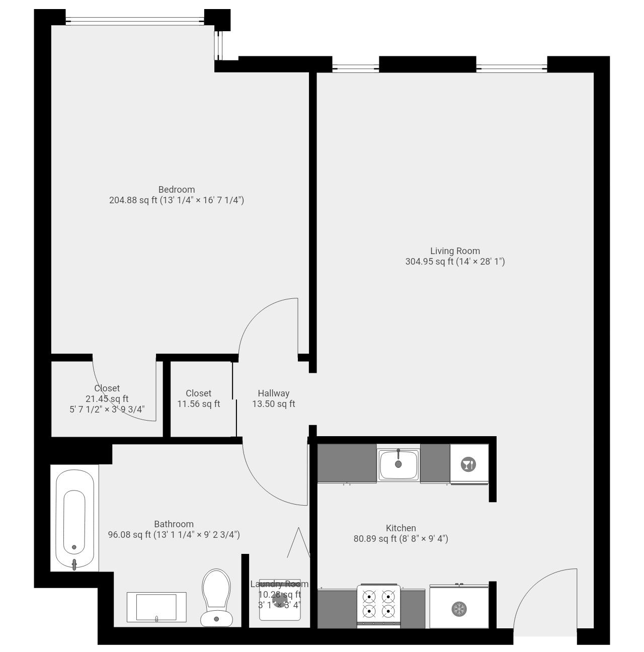 Floor plan of a studio apartment, featuring a kitchen, bathroom, living space, and bedroom.