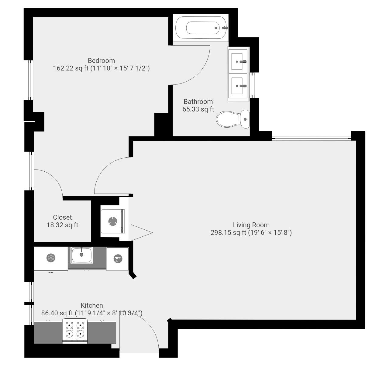 Floor plan of a residence: bedroom, bathroom, closet, kitchen, and living room.