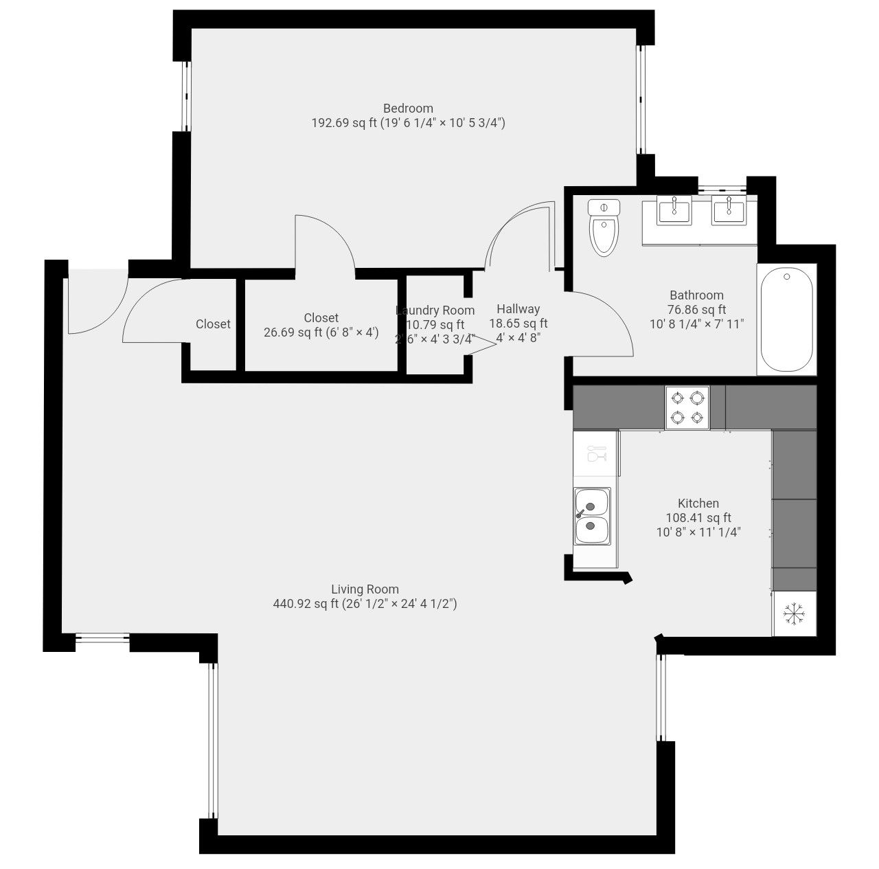 Floor plan of a residence with living room, kitchen, bedroom, and bathroom labeled.