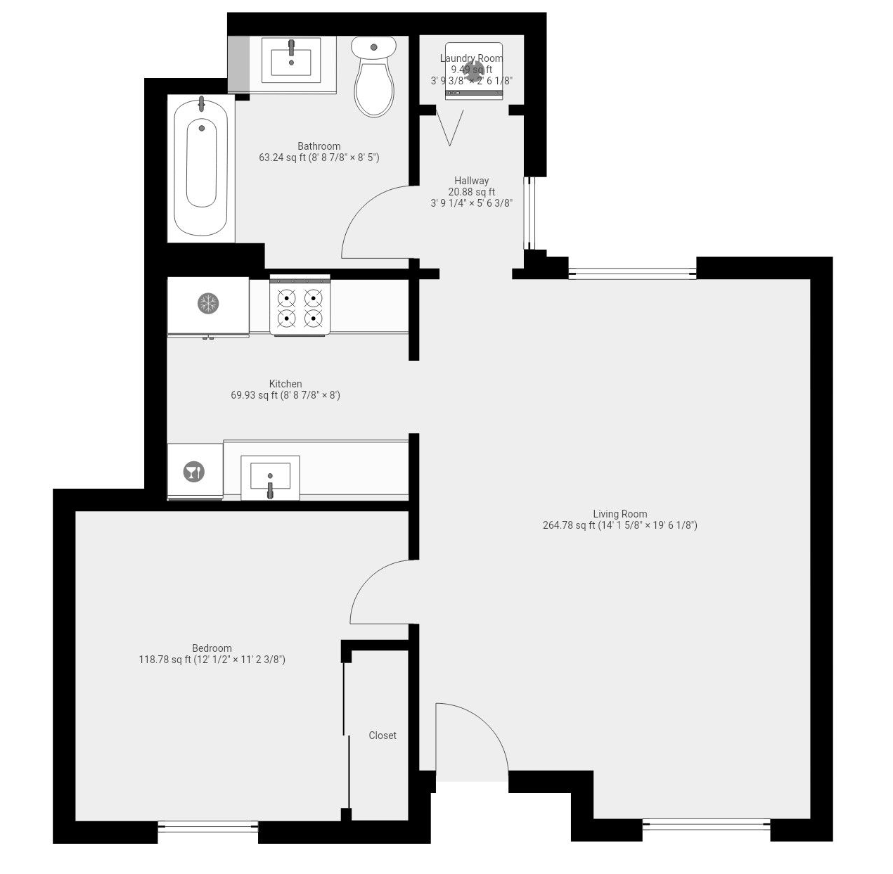 Floor plan of a small apartment with kitchen, bathroom, bedroom, and living area.