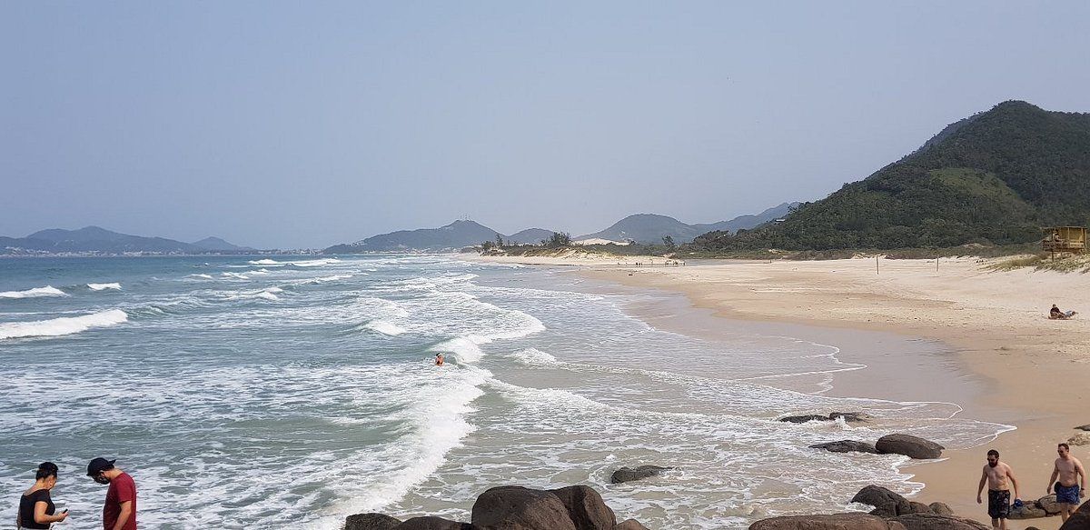 Pessoas em uma praia de areia com ondas quebrando, com vista para uma baía cercada por colinas onduladas e arborizadas.
