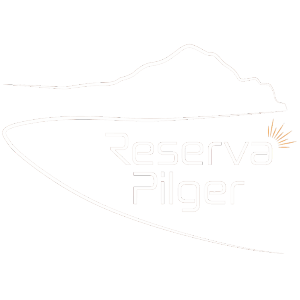 Logotipo da Reserva Pilger apresentando a silhueta de uma montanha branca e texto estilizado acima de uma tênue linha de paisagem.