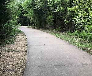 Paved pathway winding through a green, wooded area.