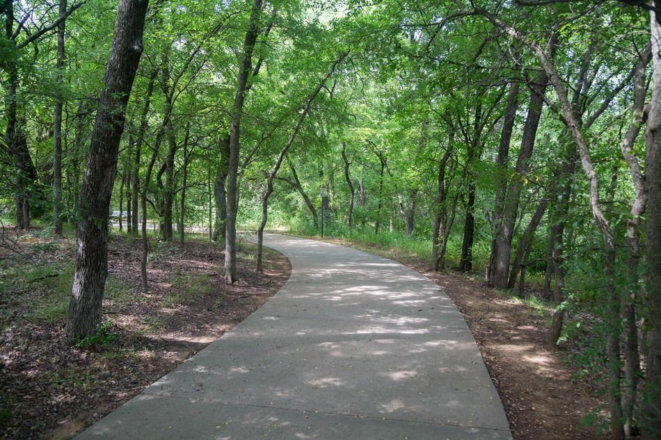 Paved path winds through a green, tree-lined forest. Sunlight filters through the leaves.