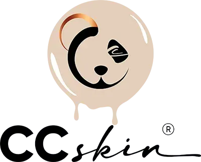 Logo für CCskin, ein Panda-Gesicht in einem beigen Klecks mit dem Schriftzug „CCskin“ in schwarzer Schrift darunter.
