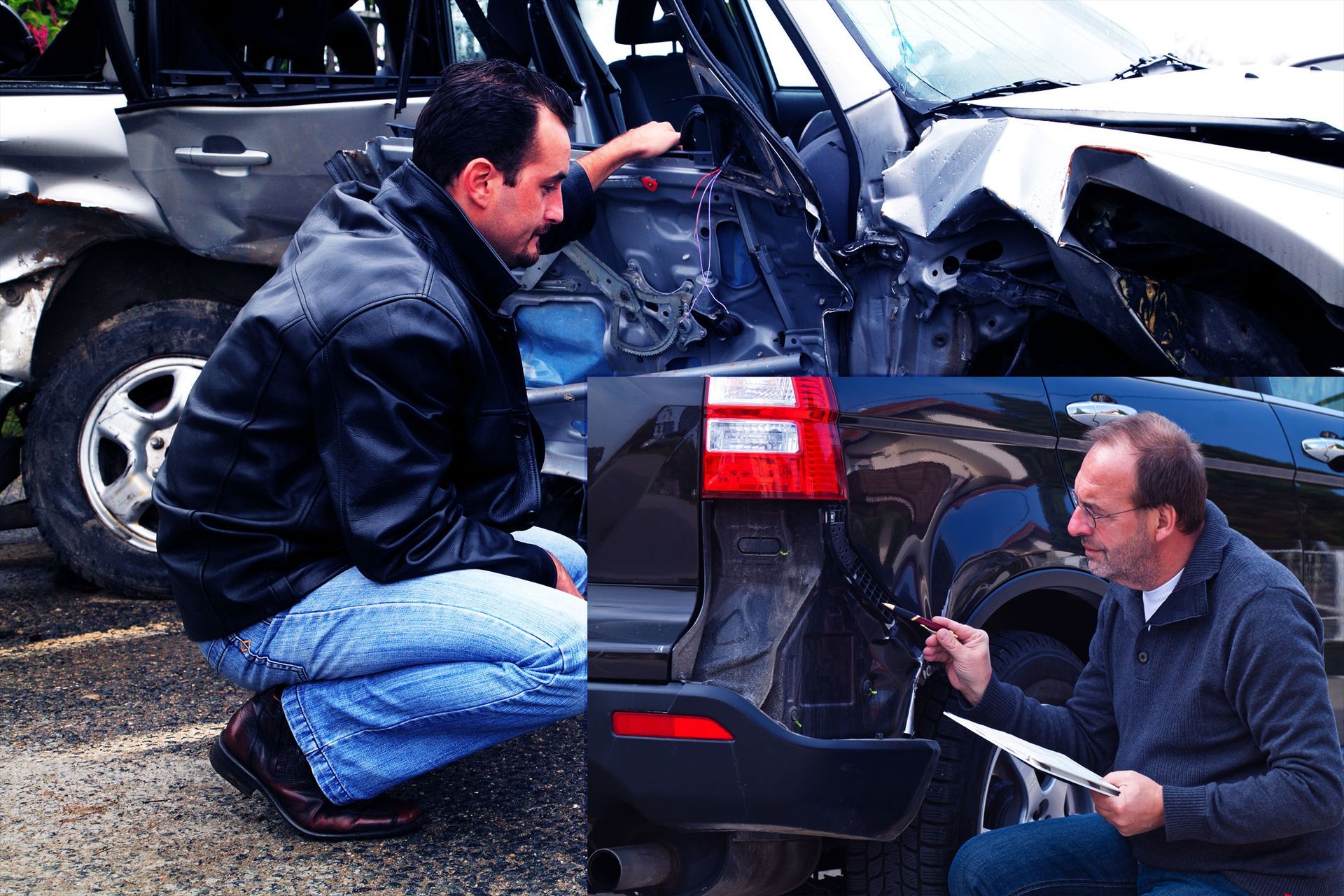 Two men are looking at a damaged car in a parking lot