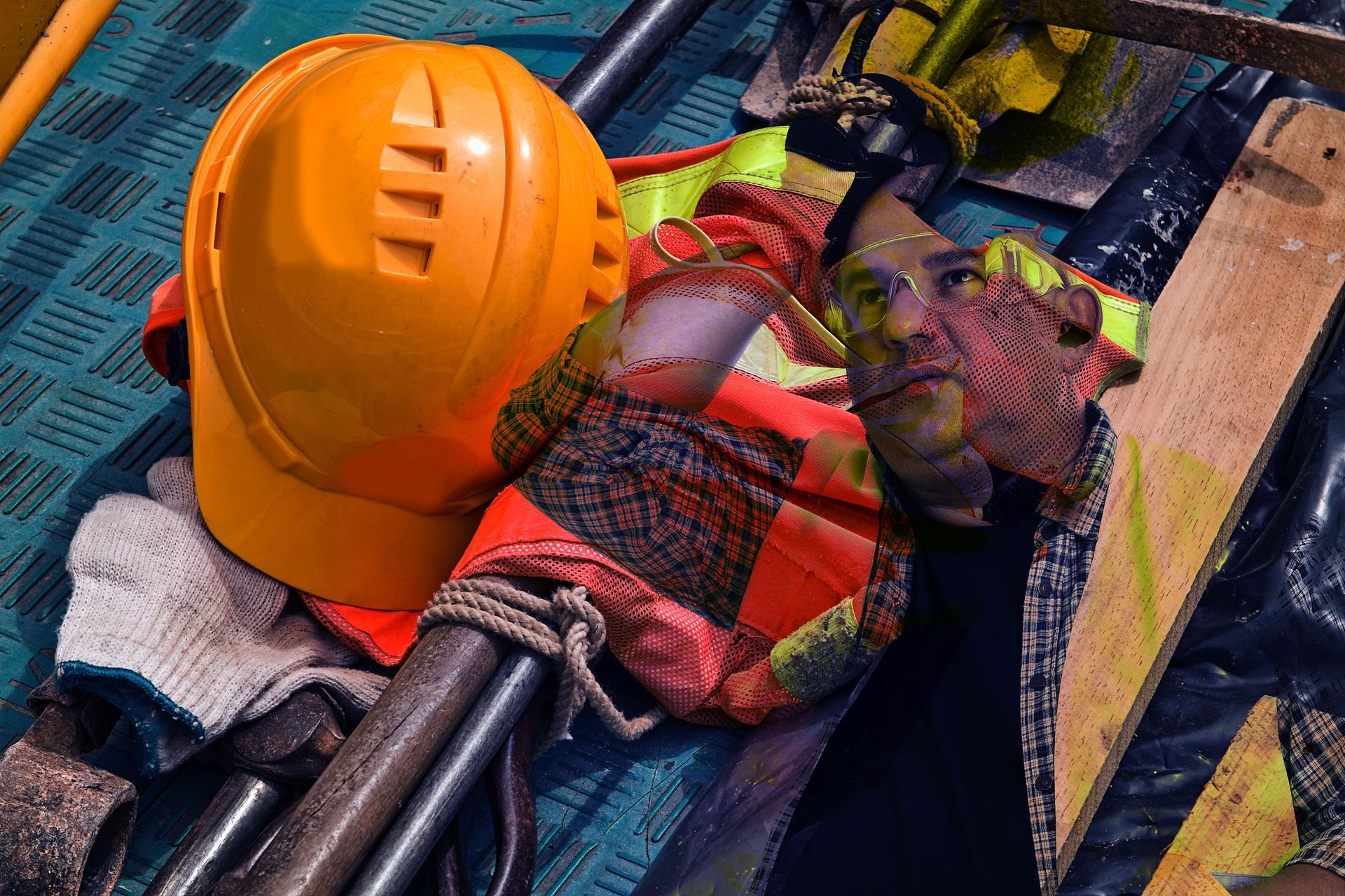 A yellow hard hat is laying on top of a pile of tools.