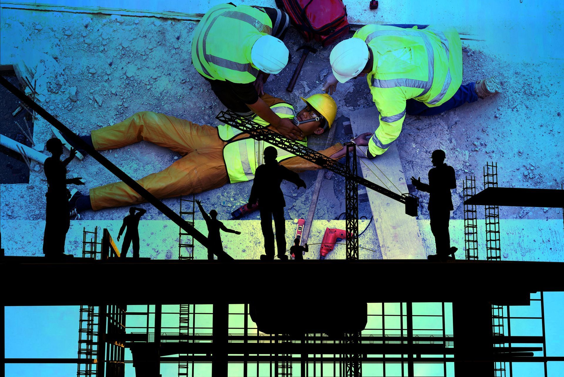 A group of construction workers are standing around a man laying on the ground