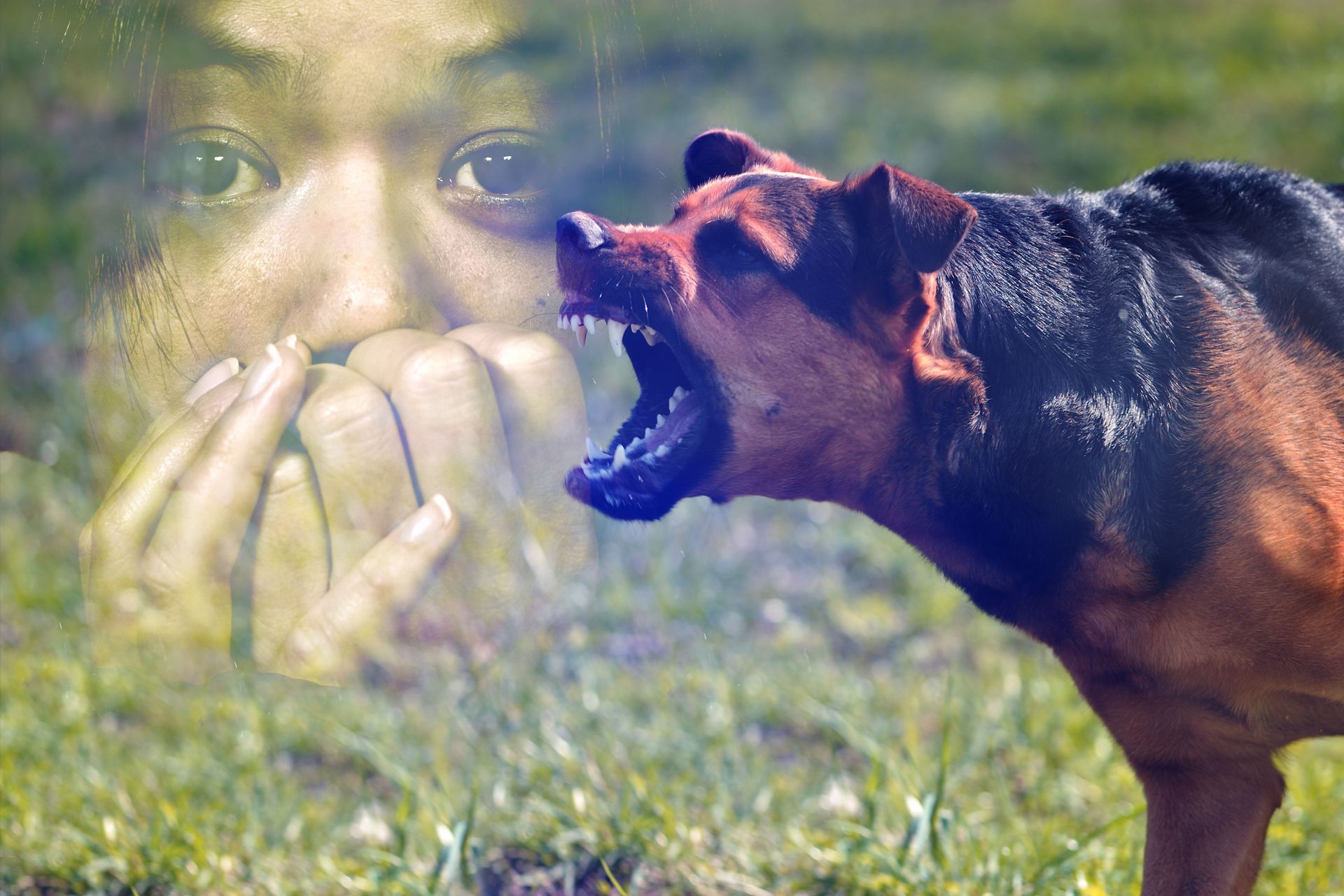 A woman is scared of a dog with its mouth open.