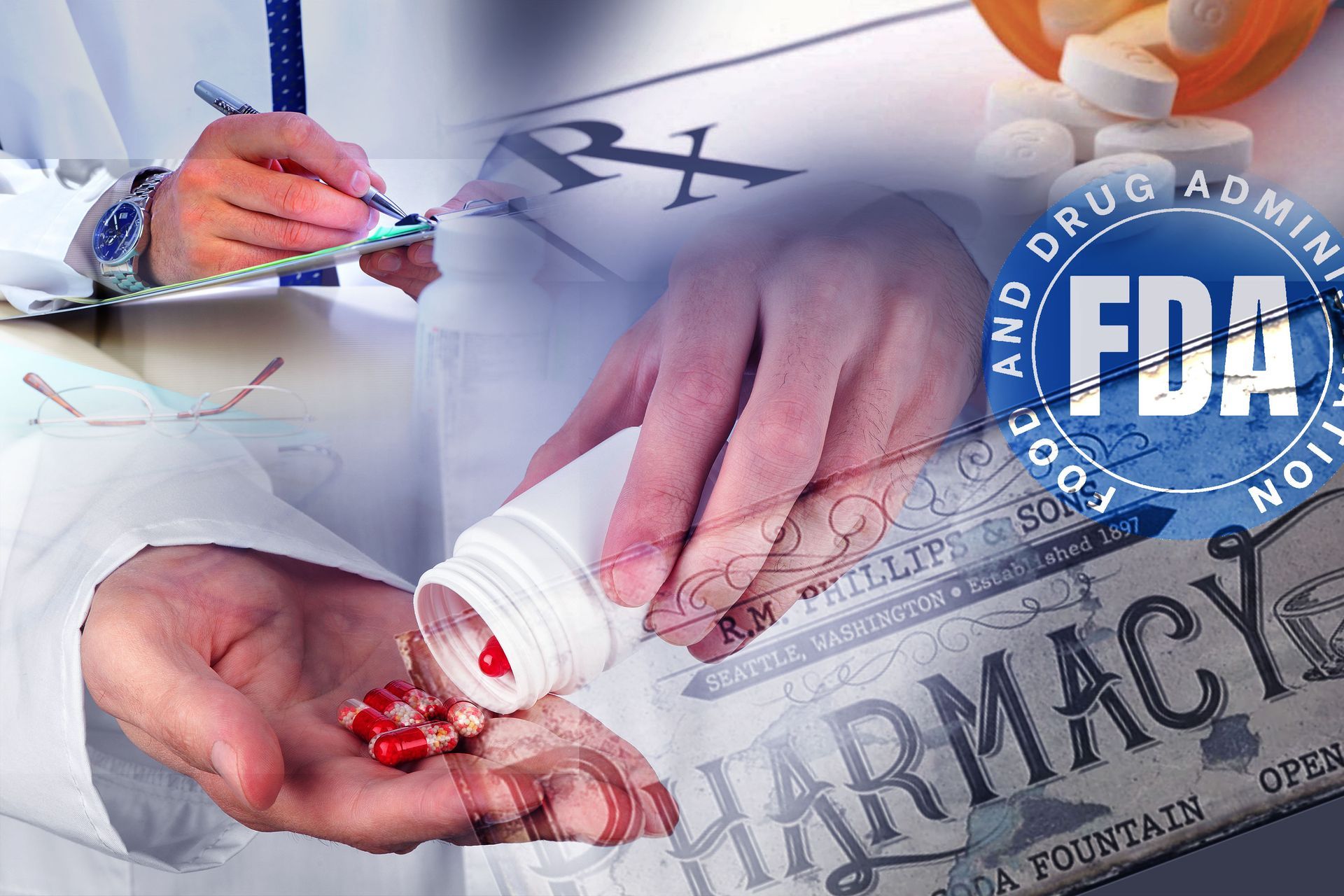 A person holding a bottle of pills next to a fda logo