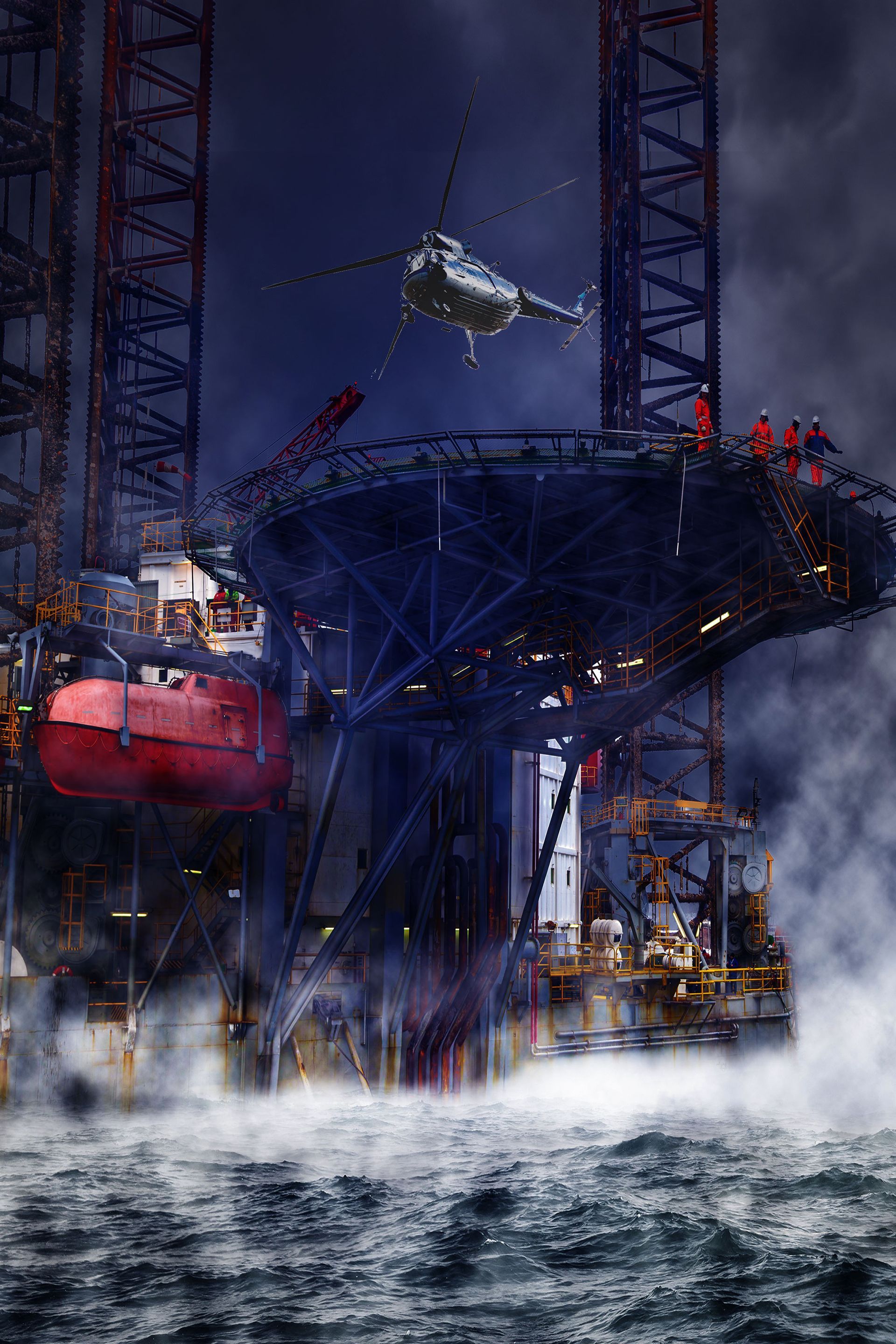 A helicopter is flying over an oil rig in the ocean.