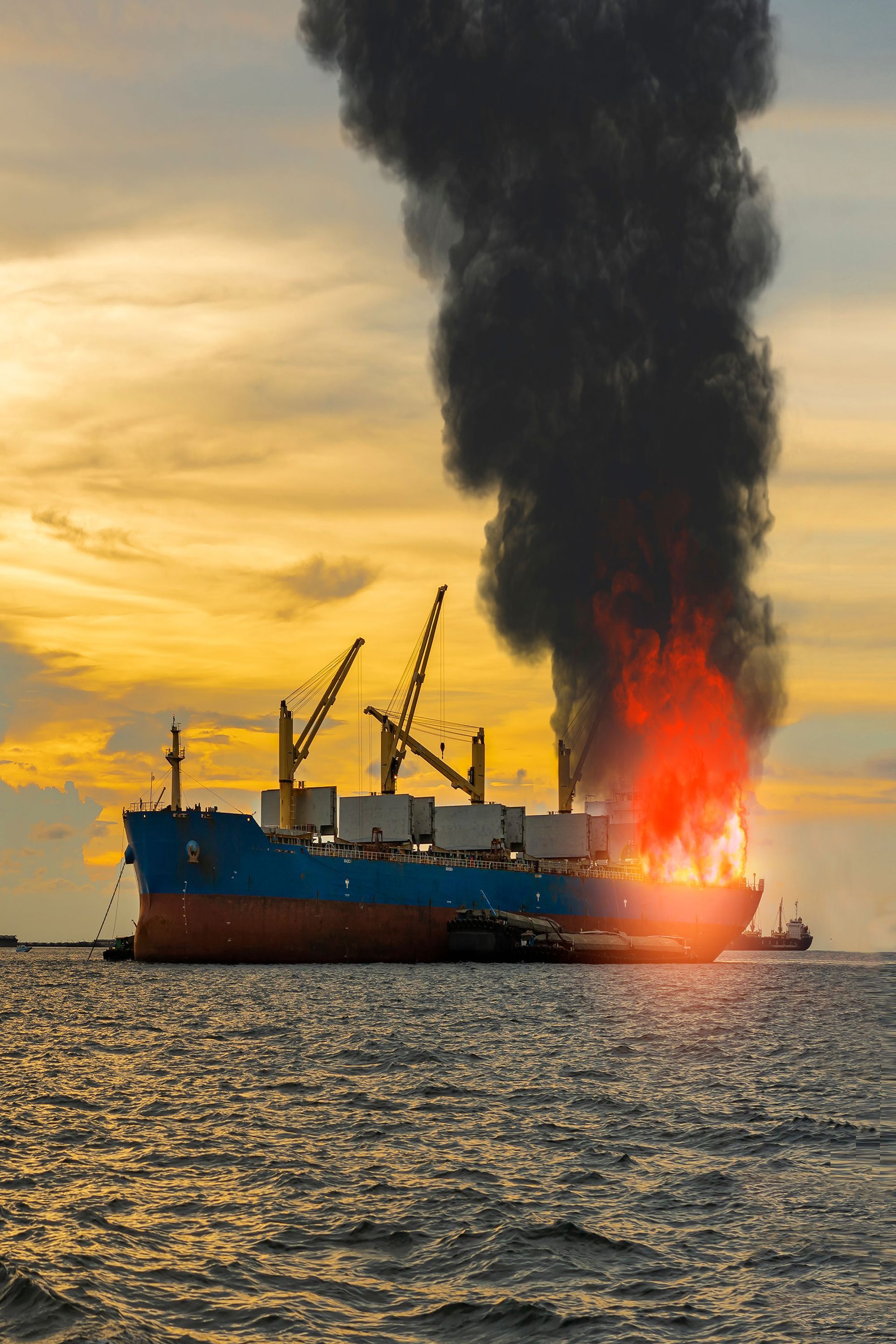 A cargo ship on fire in the middle of the ocean