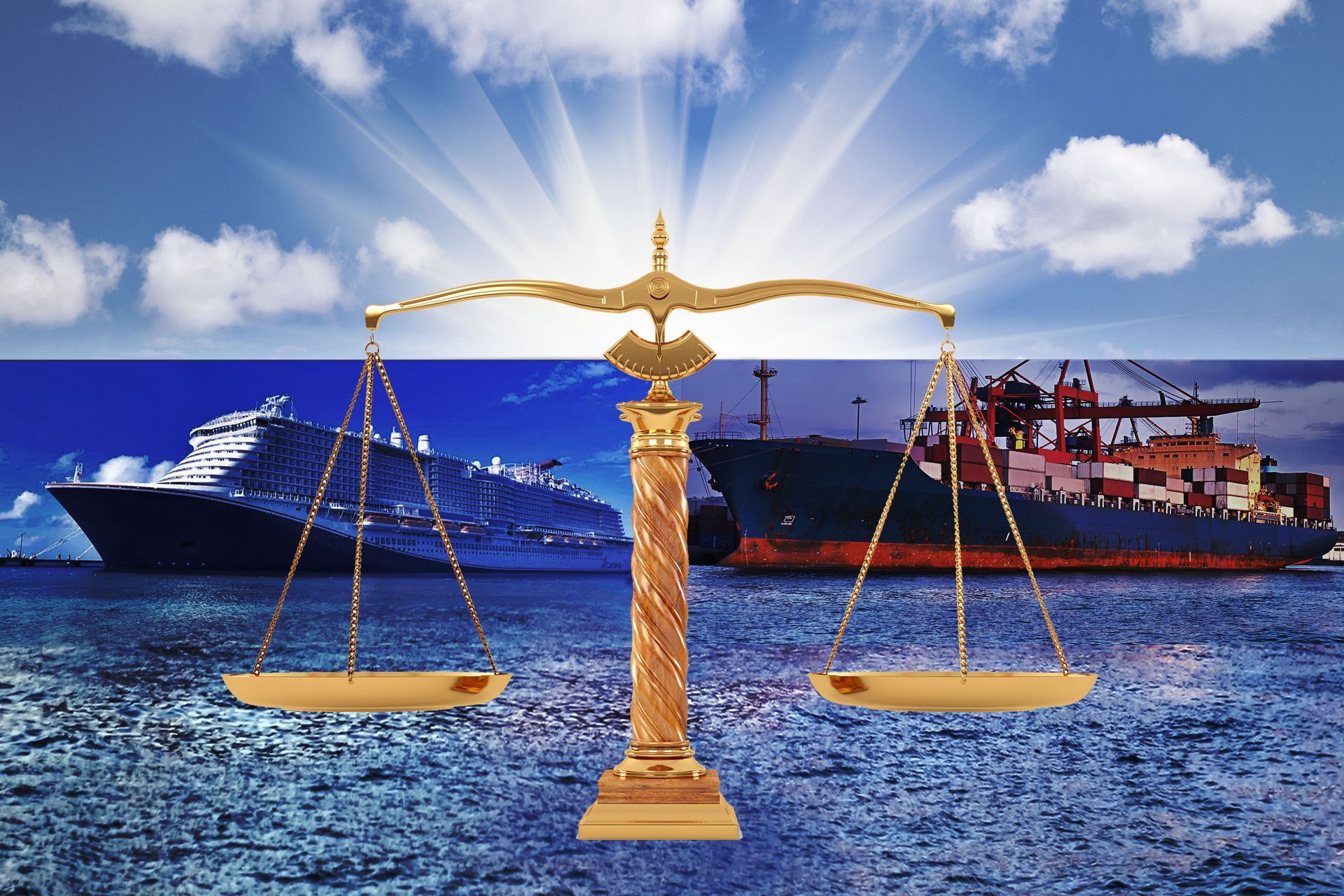 A scale of justice with ships in the background