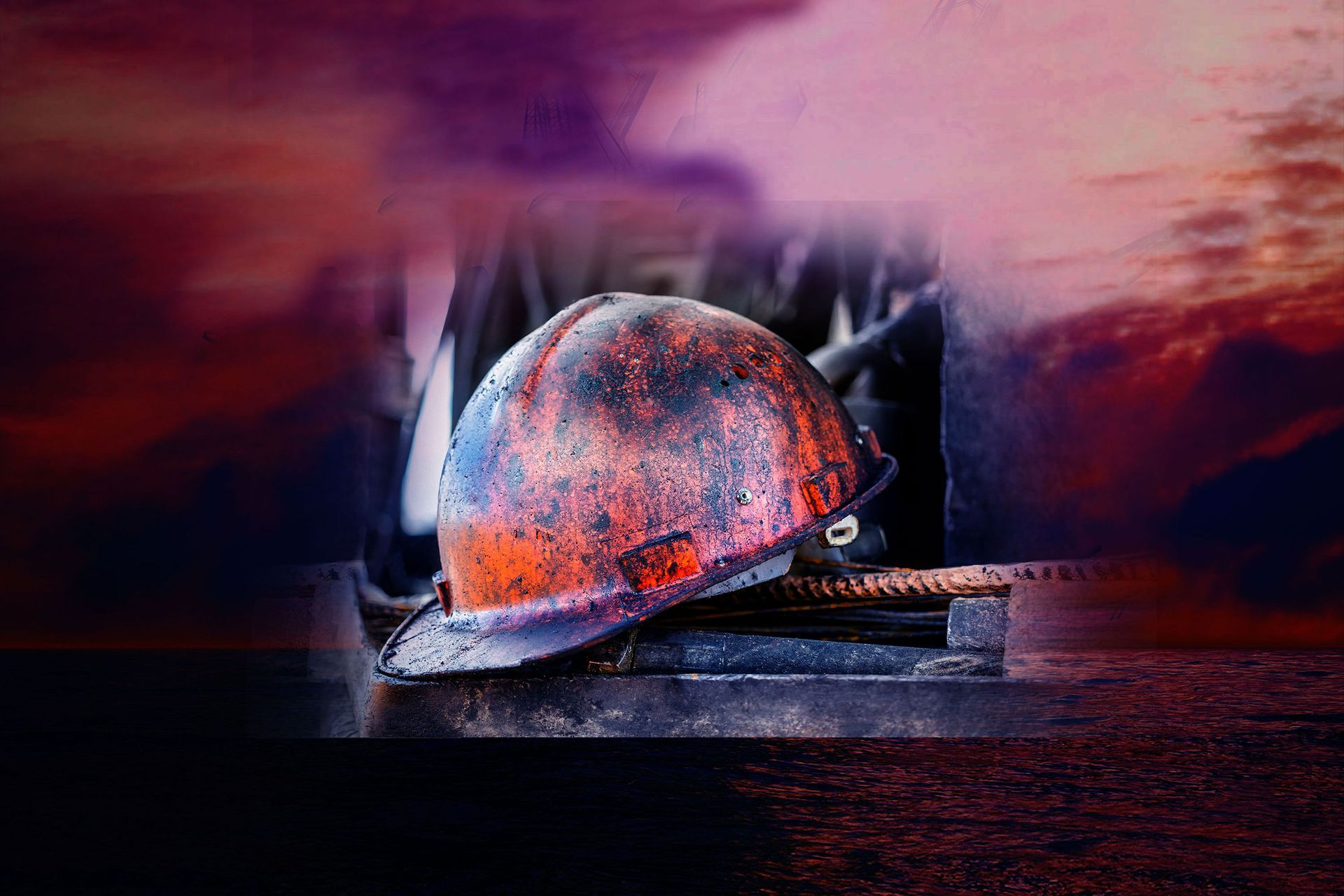 A close up of a hard hat on a table.