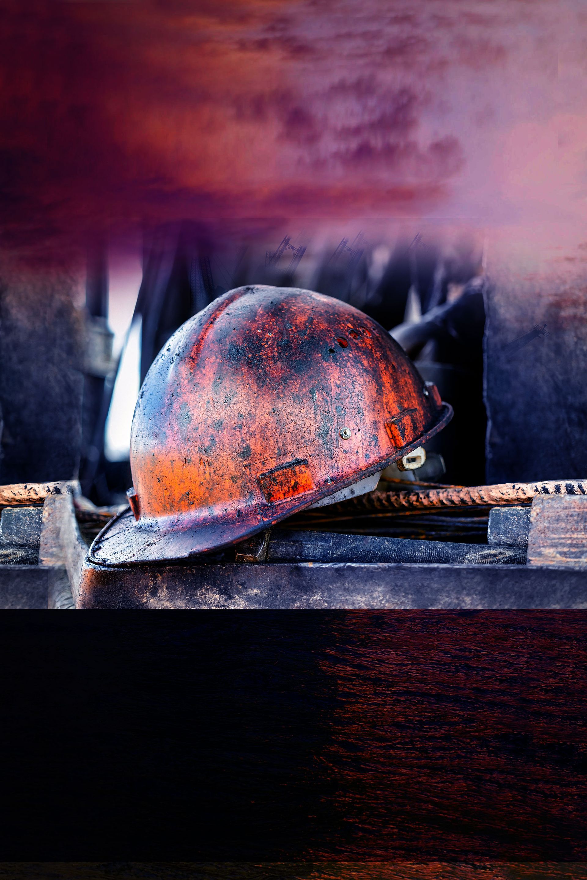 A hard hat is sitting on top of a wooden table.