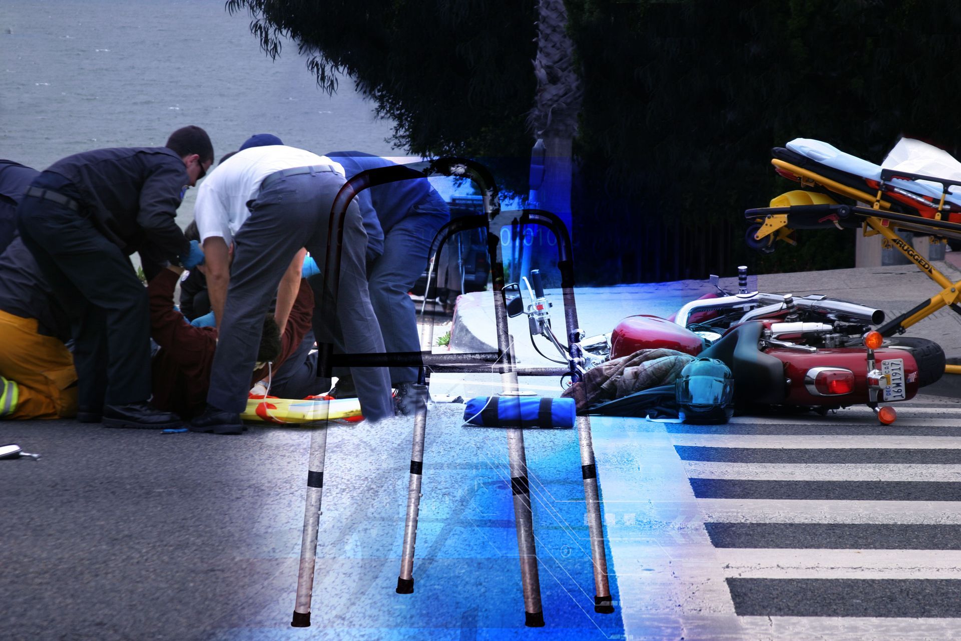 A man with a walker is being helped by paramedics