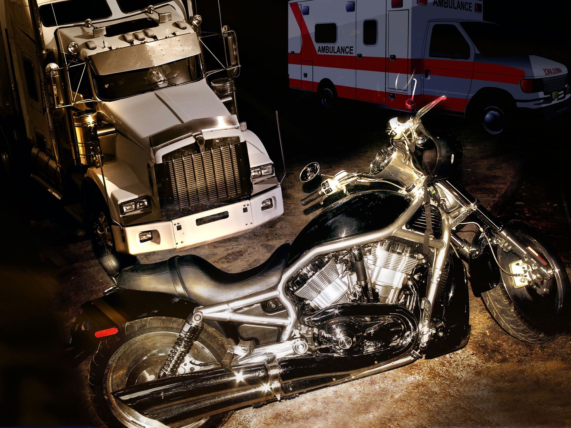 A motorcycle is parked in front of an ambulance