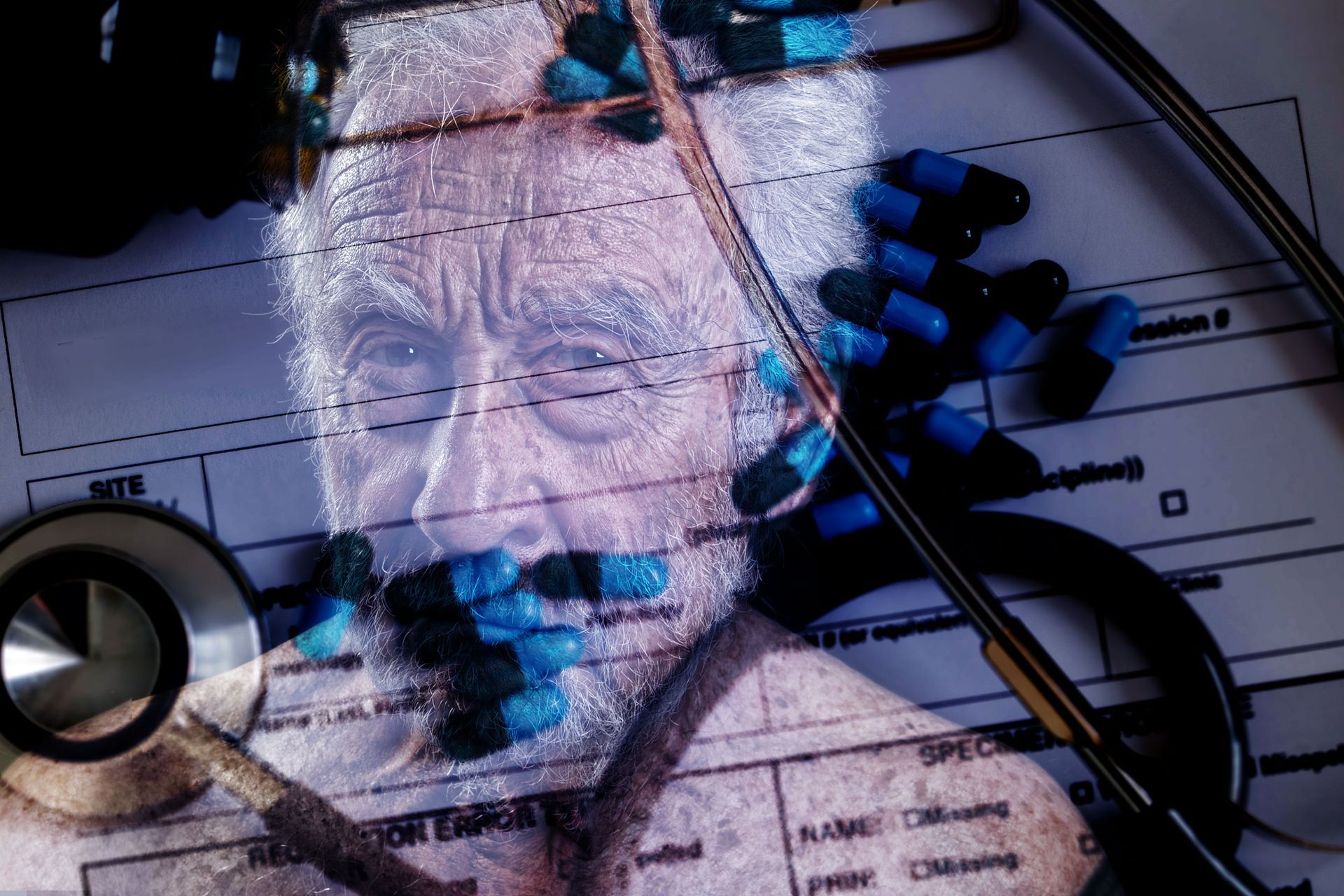 A picture of an elderly man with pills in his mouth and a stethoscope