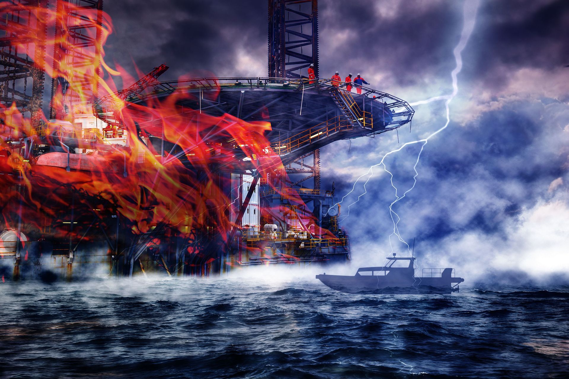 Offshore oil rig on fire during a thunder strom.