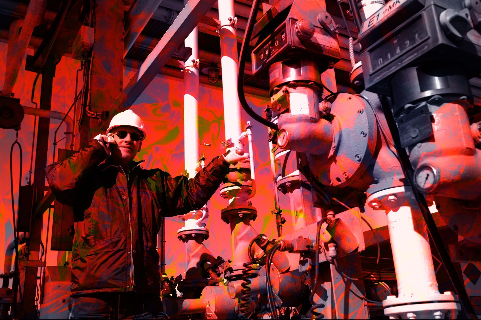 A man in a hard hat is talking on a cell phone in a factory.