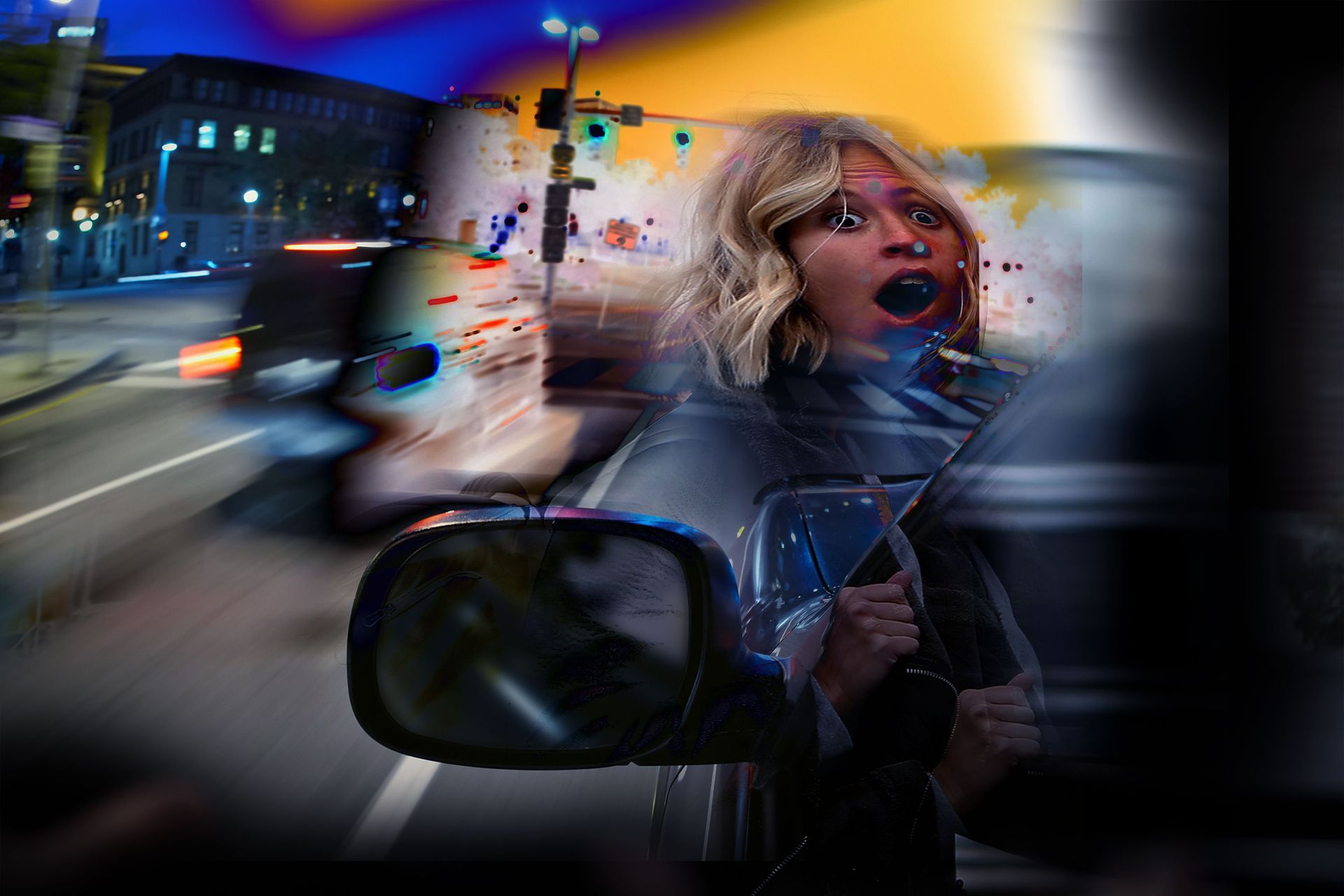 A woman is driving a car with a surprised look on her face.