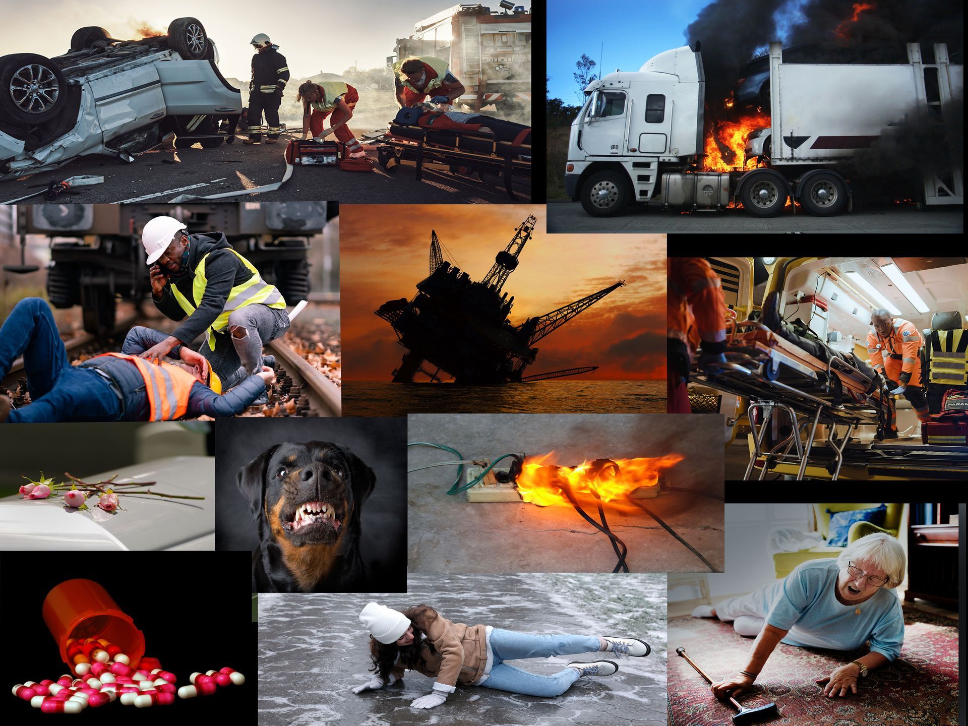 A collage of pictures of various types of accidents