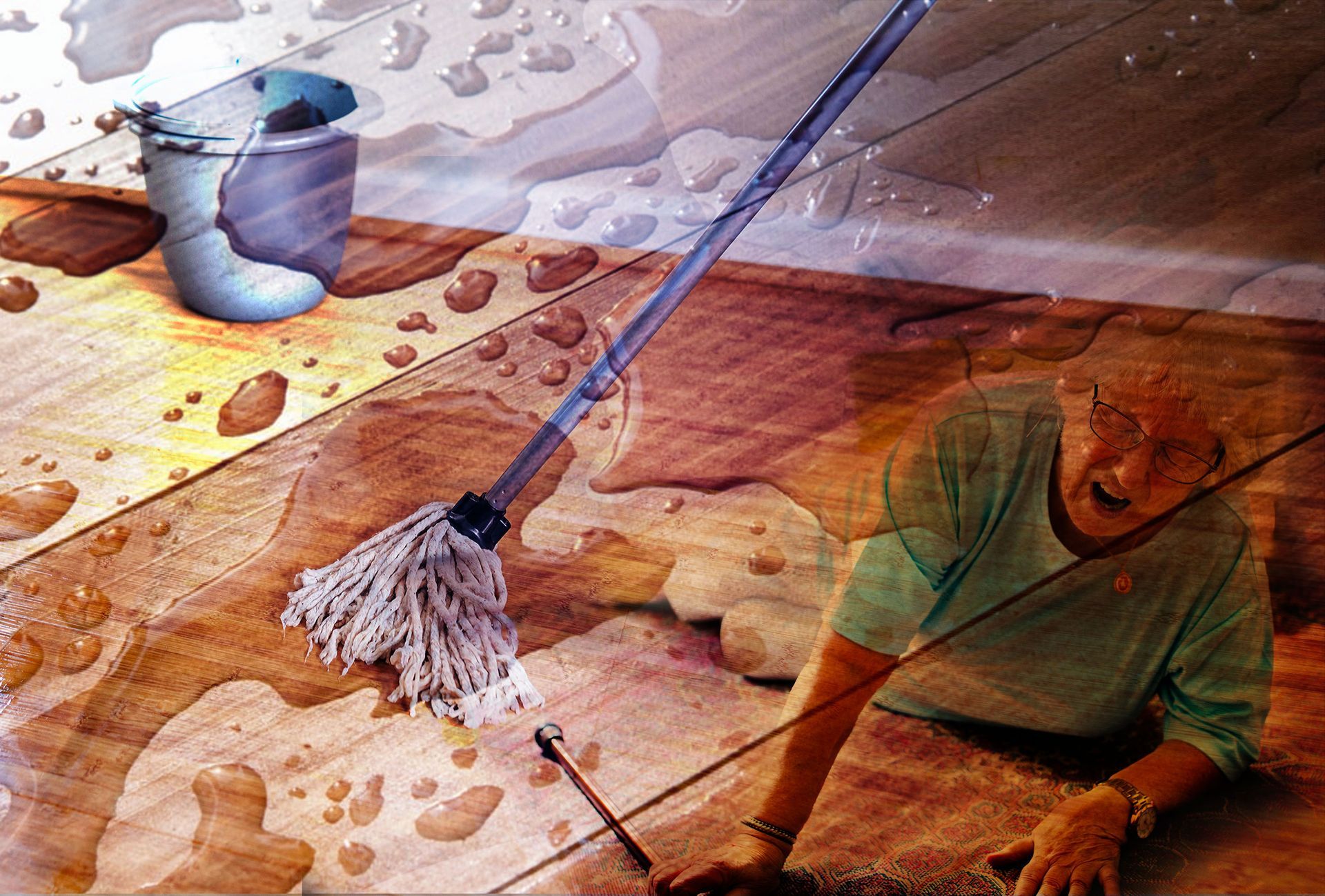 A man is cleaning a wooden floor with a mop