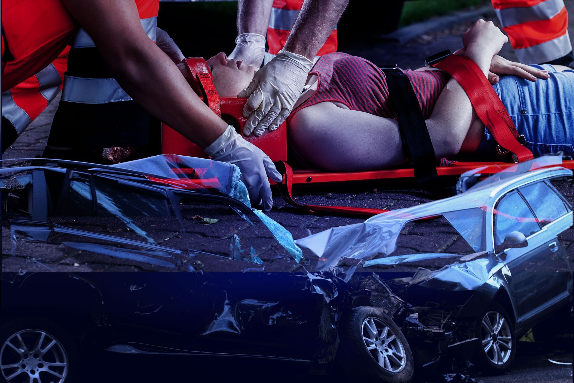 A person on a stretcher after a devastating car accident 