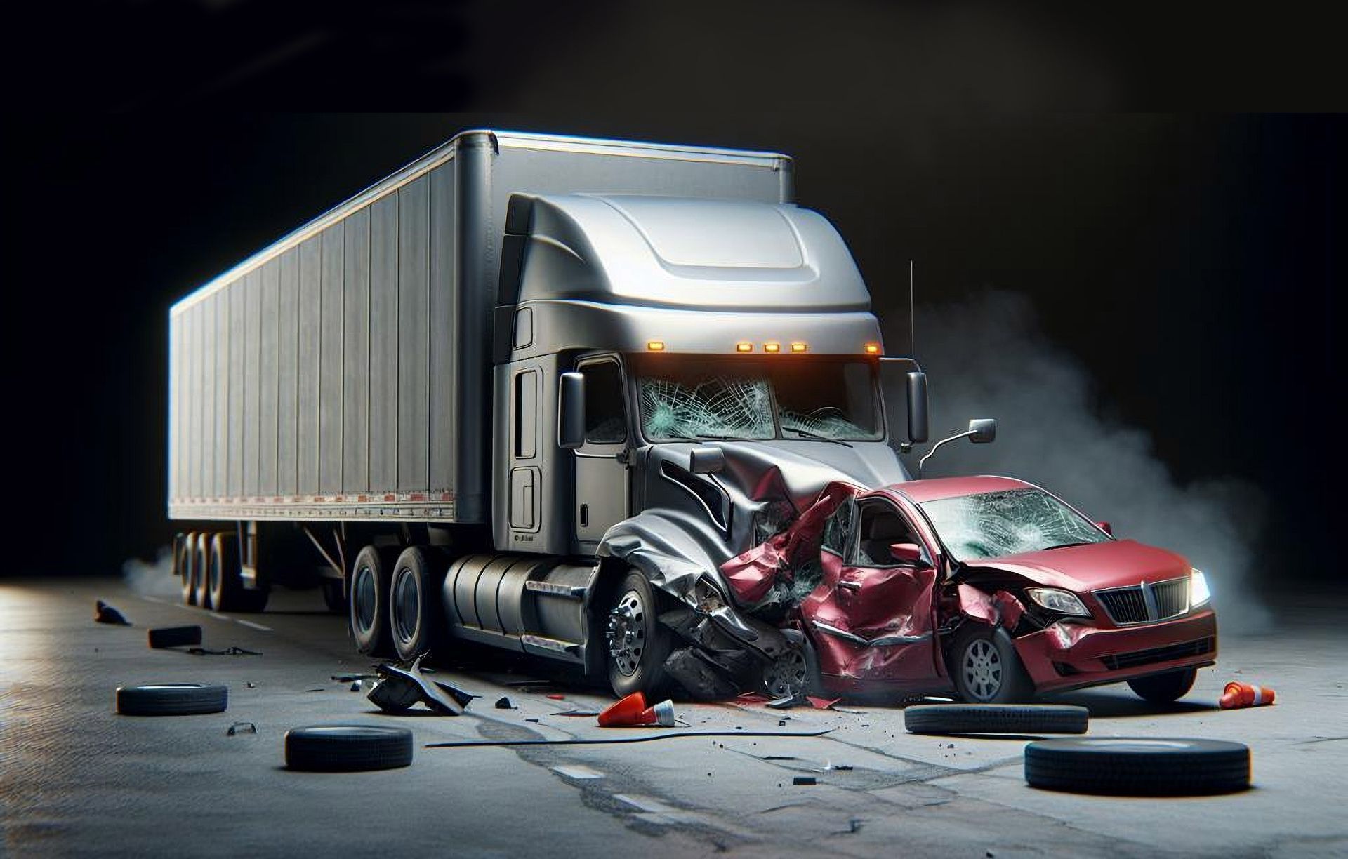 A semi truck and a car have crashed into each other on the road.