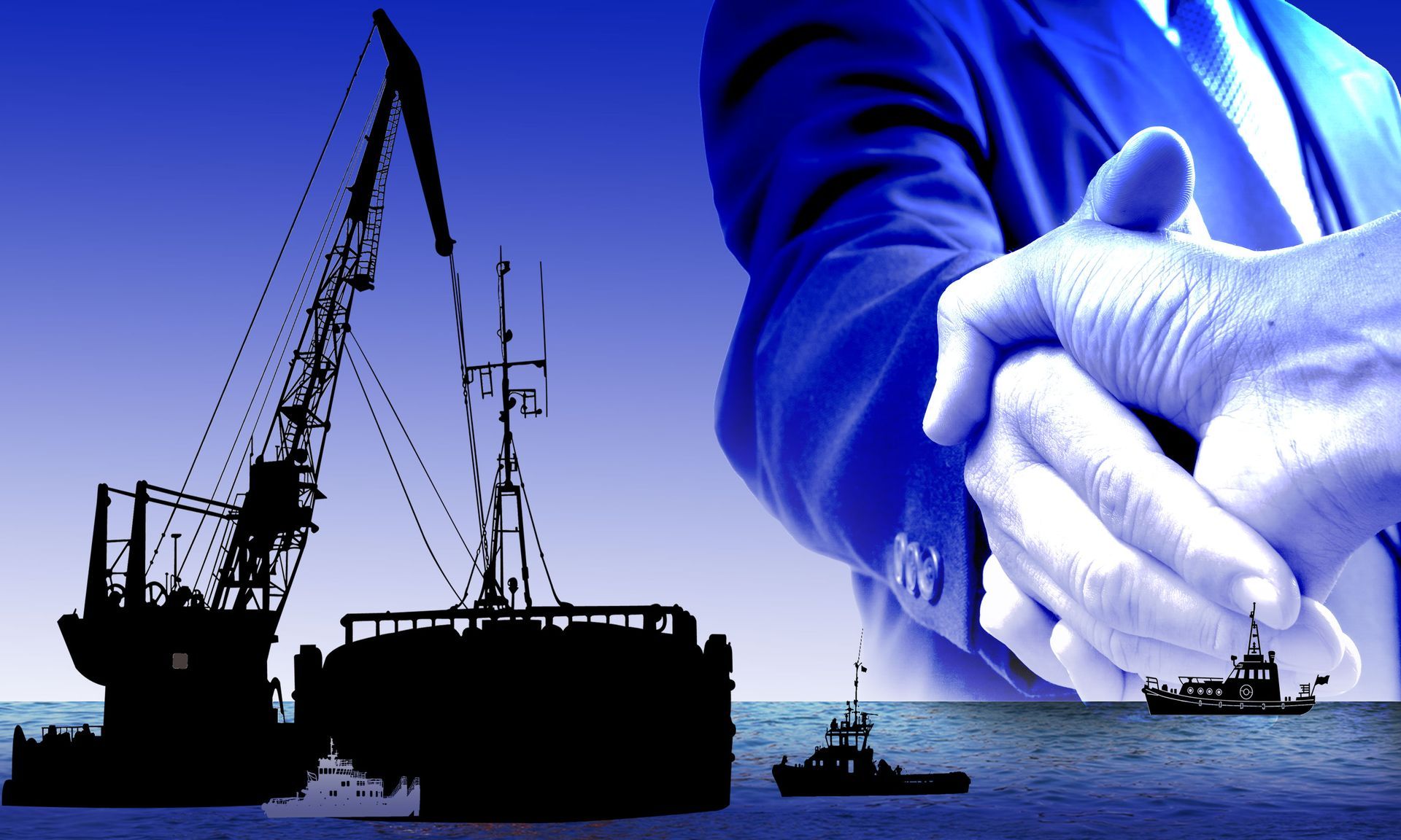 A man in a suit shakes hands with a boat in the background