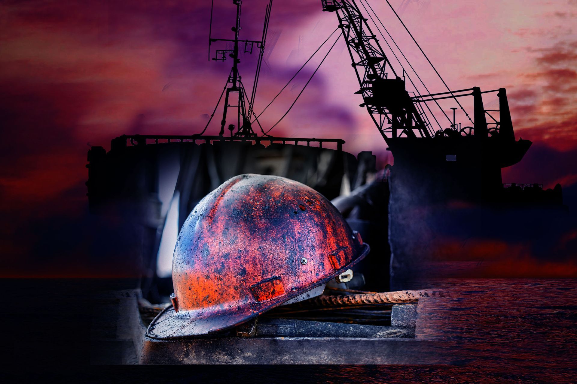 A hard hat is sitting in front of a large ship