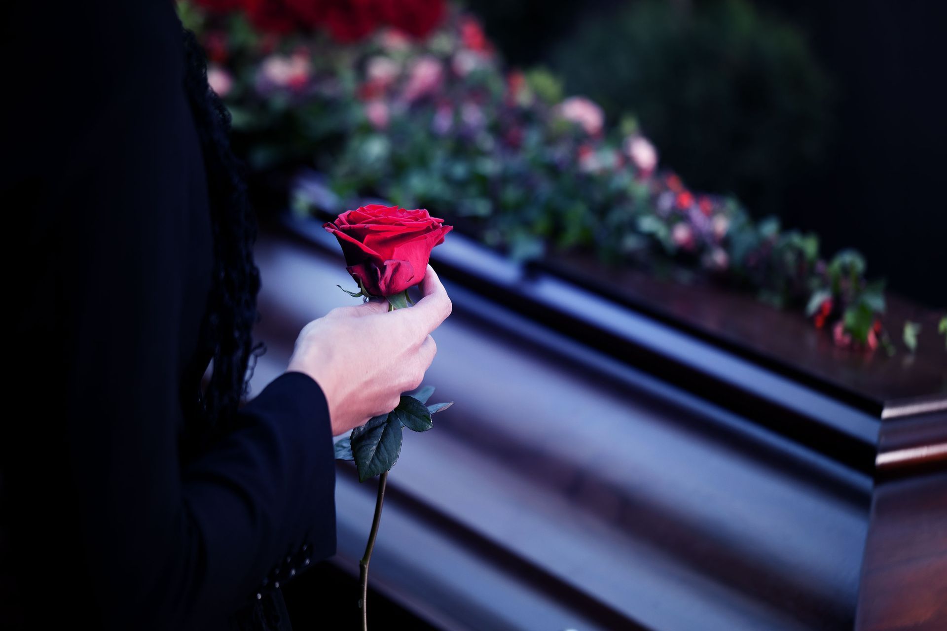 A woman is holding a red rose in front of a coffin.