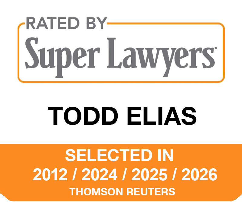 A badge that says rated by super lawyers todd elias
