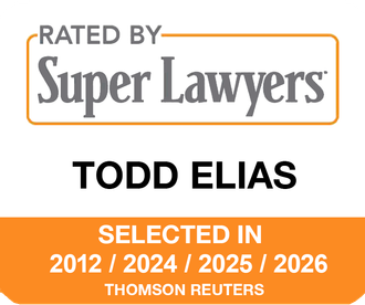 A badge that says rated by super lawyers todd elias