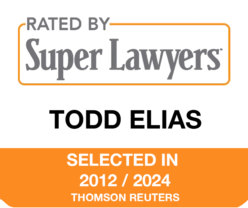 A badge that says rated by super lawyers todd elias