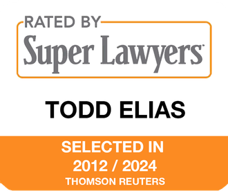 A badge that says rated by super lawyers todd elias