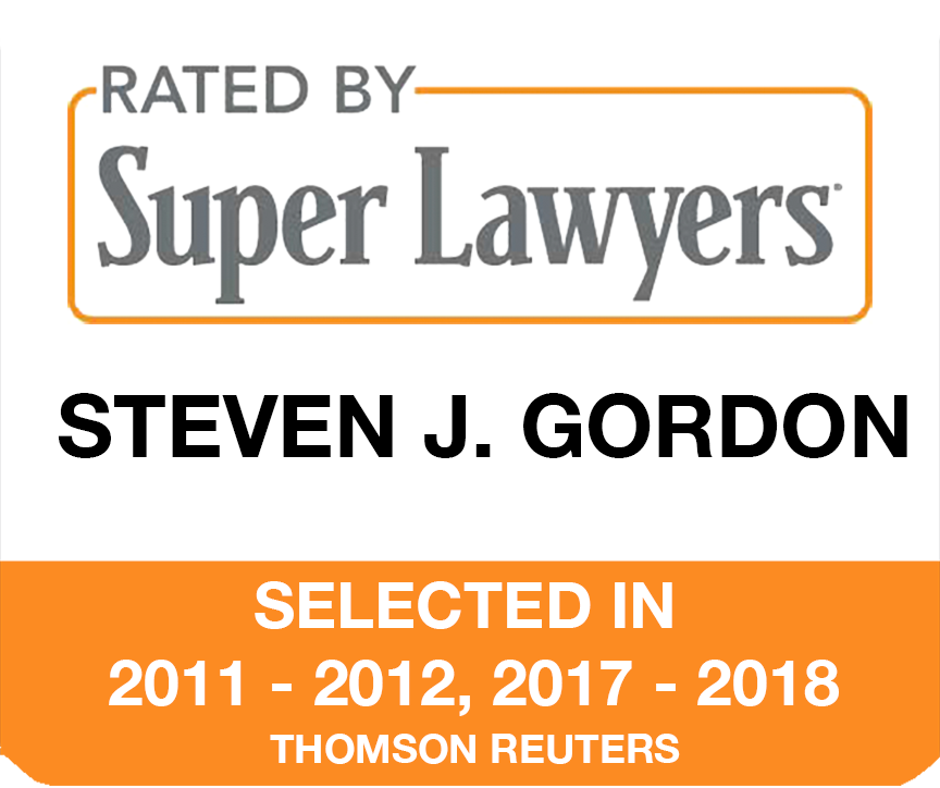 The logo for super lawyers shows that steven j. gordon has been selected in 2011 - 2012 , 2017 - 2018.