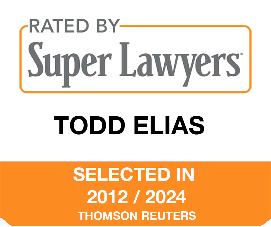 A badge that says rated by super lawyers todd elias