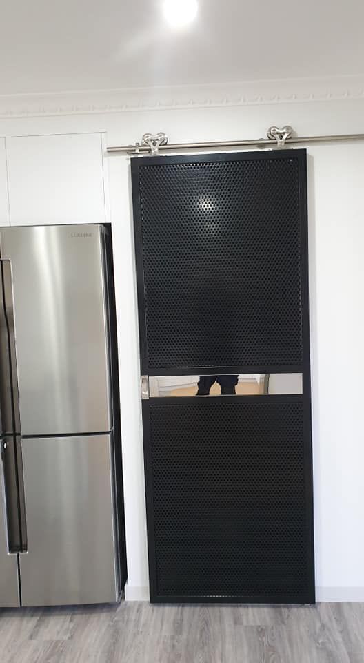 Black Textured Barn Door With Stainless Steel Track — SPW Engineering & Powdercoating In Ballarat, VIC