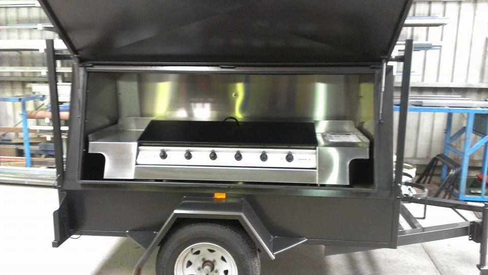 Black Food Trailer With Stainless Steel Grill and Hood — SPW Engineering & Powdercoating In Ballarat, VIC