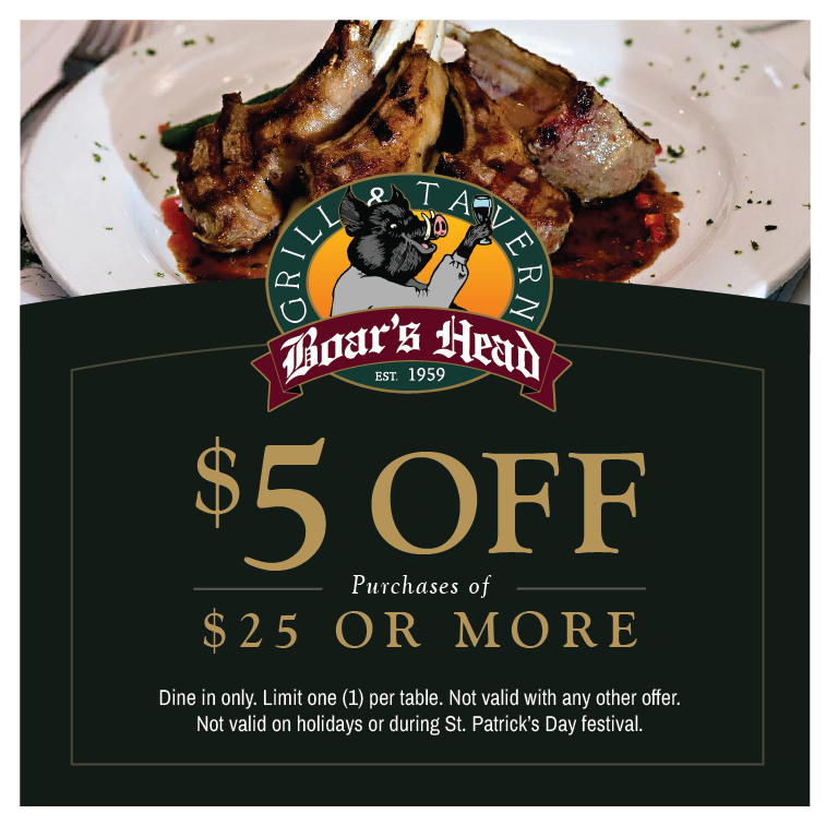 an advertisement for boar 's head tavern offering a free appetizer
