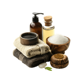 Spa towels a bowl of salt a bottle of oil and a soap dispenser