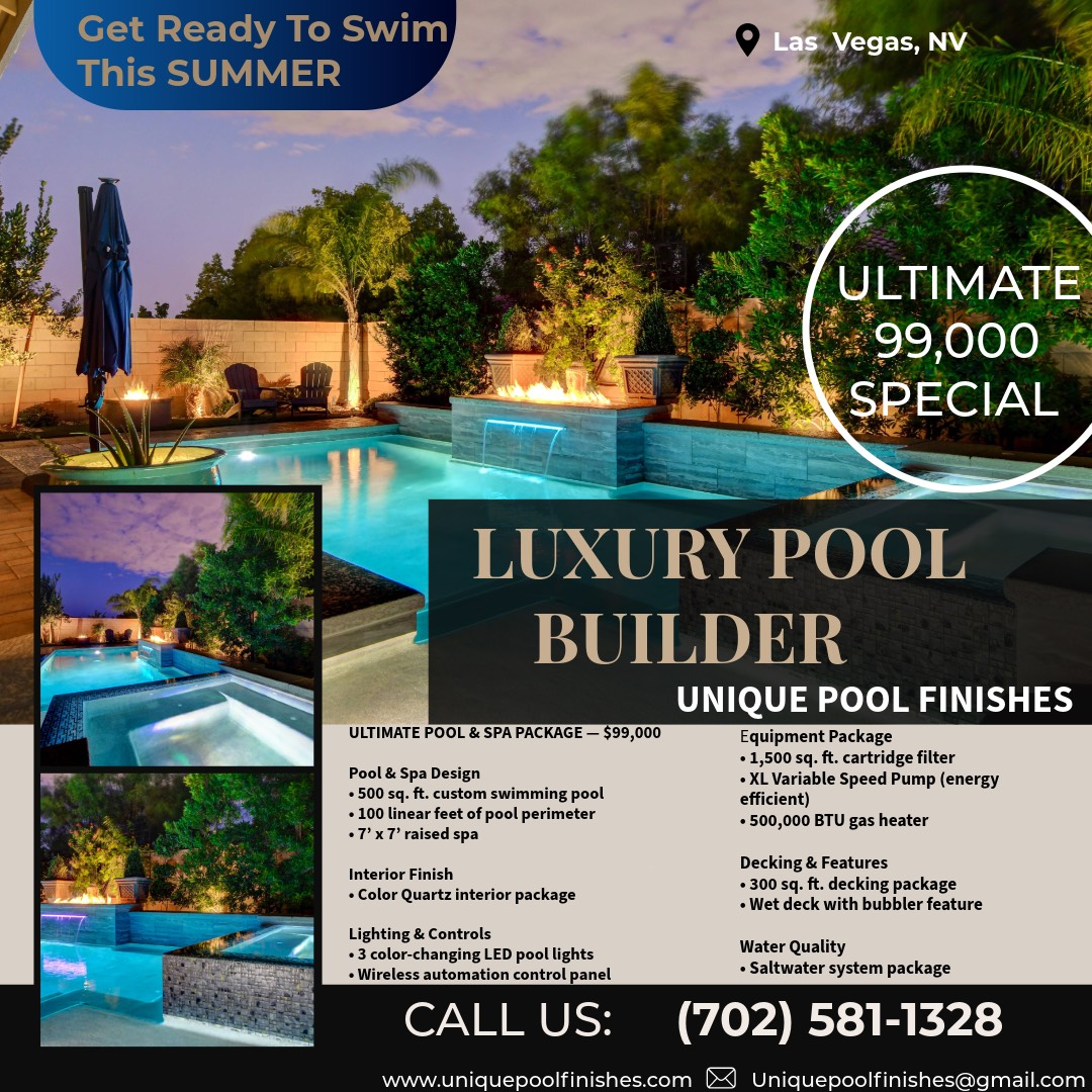 Advertisement for a luxury pool builder in Las Vegas. Shows a pool with fire pit, and a special for $99,000.