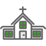 A church with a cross on top of it and green windows.