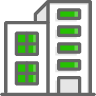 An icon of a building with green windows on a white background.